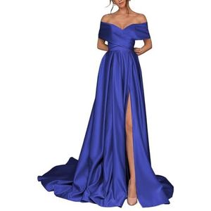 BRIGOW Satijnen bruidsmeisjesjurk voor dames, met split, galajurken, plooien, cocktailjurk, grote maten, koningsblauw, 32