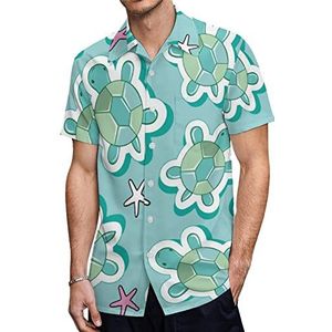 Schildpadden en zeester op blauwe Hawaïaanse shirts voor heren, casual overhemd met korte mouwen, knoopsluiting, vakantie, strandshirts, L