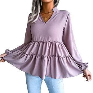 T-shirt met V-hals, Ruches, Zacht Polyester, Casual Top met Lange Mouwen, Ruchezoom, Zuivere Kleur (XL)