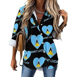 Love Saint Lucia casual shirt voor dames, button-down, lange mouwen, V-hals, blouse, tuniek voor leggings