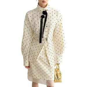 MLSHWUG Dames 3D Roos Halslijn Decoratie Polkadot Lange Shirt Bodycon Knie-Lengte Rok Sets,Off white,L