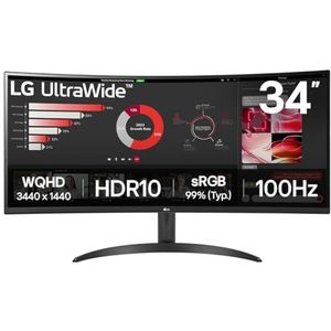 LG Elektronica Gebogen UltraWide Monitor 34WR50QK, 34 inch, 1440p, 100Hz, 5ms Reactietijd, VA-paneel, Slimme Energiebesparing, Displayport, HDMI