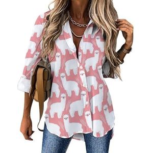 Roze lama alpaca damesblouses Hawaiiaanse button down damestops shirts met lange mouwen T-shirts 3XL