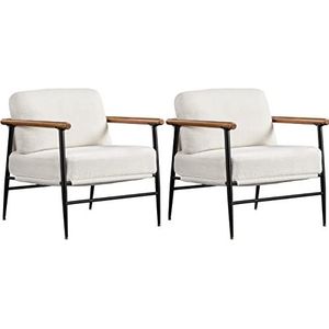 Yaheetech 2 x gestoffeerde stoel met armleuningen van hout, moderne loungestoel met metalen frame, stijlvolle televisiestoel van bouclé-weefsel voor woonkamer, slaapkamer, ivoorkleurig