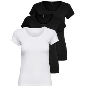 ONLY 15209153 Dames-T-shirt met korte mouwen, lange basic zomer-T-shirts, maten XS / S / M / L / XL, zwart of wit, set van 3 stuks, XS