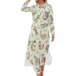 Lente Geckos Maxi-jurk voor dames, lange mouwen, knoopsluiting, casual, party, lange jurk, 5XL