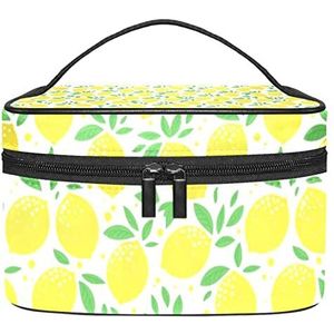 Watermeloen Bladeren Aardbei Kersen Geel Make-up Tas Voor Vrouwen Meisjes Cosmetische Tassen Met Handvat Reizen Make-up Organizer Tas, Geel Citroengebladerte Patroon, 8.9x5.9x5.4 Inches, Make-up Pouch