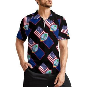 Guam vlag en Amerikaanse vlag heren golfpoloshirts klassieke pasvorm korte mouw T-shirt bedrukt casual sportkleding top 2XL