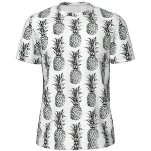 Tropisch thema ananas fruit patroon print heren sport T-shirt, ademend koel droog mesh basislaag tops korte mouw running top gym shirt, Zwart, S