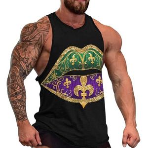 Mardi Paars Groene Lippen Fleur-De-Lis Gras Heren Tank Top Causaal Mouwloos T-shirt Gym Atletische Spier Tee Strand Vest