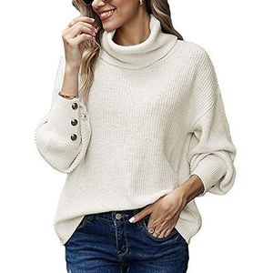 Trui voor dames, effen, hoge kraag, lange mouwen, winter, warm, pullover tops, losse sweatshirt, elegant, coltrui, gebreide mantel, Wit, S