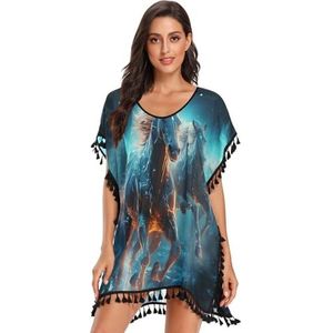 KAAVIYO Ruimte Blauw Running Paarden Vrouwen Strand Cover Up Chiffon Kwastje Badmode Badpak Coverups voor Meisje, Patroon, M