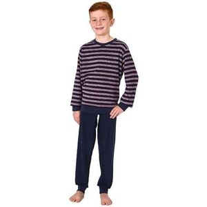 NORMANN Jongenspyjama van badstof in gestreepte look, warme pyjama met manchetten, marineblauw, 164 cm