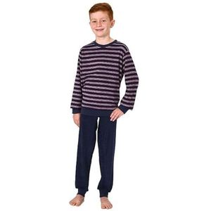 Normann Badstof pyjama voor jongens in ring-look, warme pyjama met manchetten, marineblauw, 164