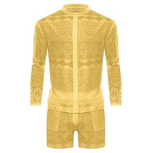 JHBTFQ Mesh Netpak Zomerset voor Heren, Hawaii Kant Spier Transparant Shirt met Lange Mouwen Clubwear,Geel,3XL