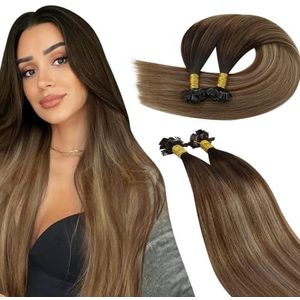 Ugeat Flat Tip Hair Extensions Human Hair 50Gram 50Stranden 40cm Donkerbruin tot Middelbruin en Glodenbruin #2/6/12