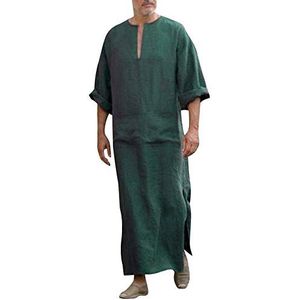 Casual Etnische Moslim Thys voor heren, Midden-Oosterse kaftan linnen, Saoedische Arabische jurken met zakken, Groen, L