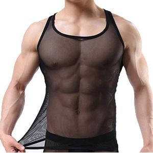Uneihoiz Heren zomer mesh zachte tanktop doorzichtig vest stretch onderhemd, Zwart, L