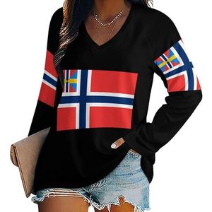 Noorse vlag dames casual T-shirts met lange mouwen V-hals bedrukte grafische blouses T-tops 2XL
