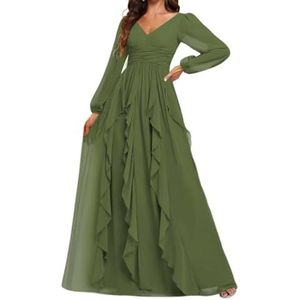 Prinses Bruidsmeisje Jurken Lange Mouw Prom Jurken V-hals Chiffon Formele Avond Party Maxi Jurk ZM208, Olijfgroen, 32