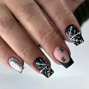 24 stuks kerst gothic press-on nagels - zwarte Franse tip doodskist nepnagels met lijm - glitter stick-on medium volledige dekking nep sneeuwvlok nail art