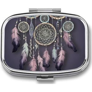 Dream Catcher Pillendoosje 2 compartimenten vierkante pillendoos met spiegel metalen pillenorganizer reizen pillendoos mini medicijnopbergdoos voor zak portemonnee