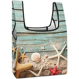 Zeeschelp zeester op houten herbruikbare boodschappentassen, opvouwbare boodschappentassen, grote opvouwbare draagtas met lange handgrepen
