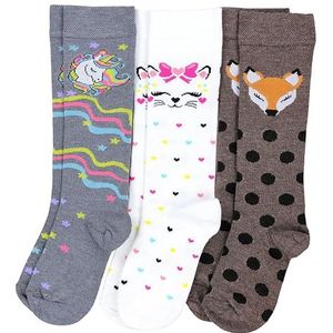 TupTam Meisjes Kniekousen Sokken met Patroon 3-Pack, 3-pack: Eenhoorn Grijs/Kat Wit/Hertje Bruin, 23-26
