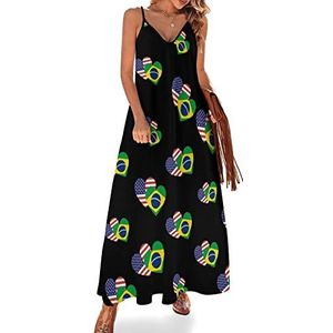 Brazilië Amerikaanse hart vlag vrouwen sling maxi jurken V-hals casual mouwloze verstelbare riem sexy lange jurk