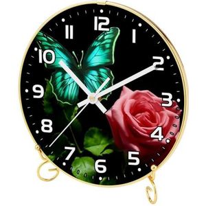 Wandklok, moderne klokken op batterijen, vlinder en roos, ronde stille klok 9.4