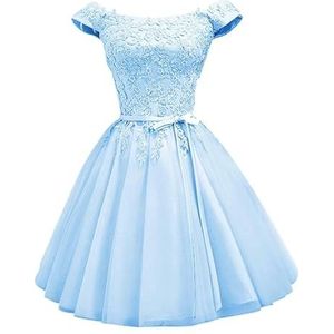 YIANN Off-shoulder satijnen thuiskomst jurken voor tieners met kanten applicatie mouwloze A-lijn baljurk korte galajurk, Lichtblauw, 32