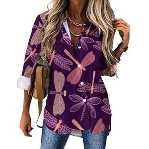 Paarse Dragonfly Dames Button Down Shirts Lange Mouw Jurk Shirt V-hals Blouses Tops