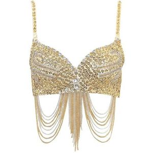 LHSJYG Beha met pailletten voor dames, buikdans top, glanzend korset, crop top, franje, strass pailletten, clubbeha, spaghettibandjes, beugel, push-up bustiertops (goud)