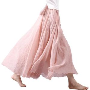 BEAUTYLAST Boheemse katoenen linnen rok voor dames, elastische taille, lange vloeiende casual maxi-rok voor zomer, strandvakantie, Lichtroze, 85CM-Length