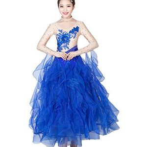 Yhsgscr Ballroomwedstrijdjurken voor dames Professionele tango dansoutfit Wals grote swingrok Mesh split Feestkostuums Strass flamenco feestjurk,Blauw,XXL