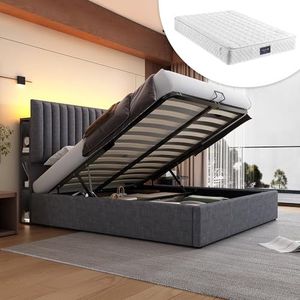 Aunlva Gestoffeerd bed, opbergruimte voor tweepersoonsbed, led-app-control, bed met opladen, USB type C oplaadfunctie, opbergruimte en verstelbaar hoofdeinde, 160 x 200 cm, lattenbodem van hout, grijs