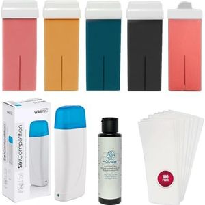 Anyskin Kit waxverwarmer met professionele rol – bevat 5 navulverpakkingen voor waswalsen, in vet oplosbaar, zwart, aloë, roos, argan, snor + Anyskin afterwax olie 100 ml en TNT ontharingsstrips 100