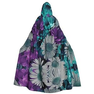 JEJEA Paarse en groenblauwe bloemenprint unisex lange mantel capuchon cape met capuchon, heksenmantel, Halloween cosplay feestcape