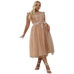 voor vrouwen jurk Plus jurk met mesh-overlay en contrasterende kanten riem (Color : Apricot, Size : 3XL)
