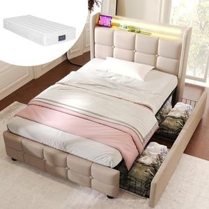 Aunvla Gestoffeerd bed met opladen, USB-oplaadfunctie, hoofdeinde en ledverlichting en 2 laden, eenpersoonsbed, 90 x 200 cm, bedframe, lattenbodem van hout, beige (met matras)