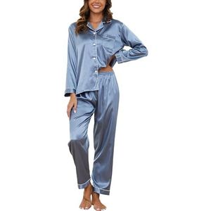 Satijnen pyjama Dames Pyjamaset met Lange Mouwen en Knoopsluiting V-hals Tweedelige Nachtkleding Zachte Zijden Pyjama Klassieke Loungewear Huispak Pyjama