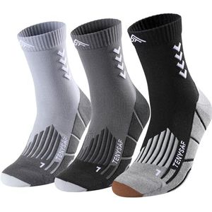 Lounwee Compressiesokken voor heren en dames: Crew sportsokken met vulling, verpakking van 3 voor werk, wandelen en basketbal, B-Grijs Rood Blauw, 43-46 EU