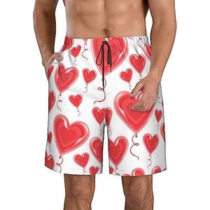 Romantische strandshorts voor heren, met rode hartjesprint, lichtgewicht, sneldrogend, zwembroek met trekkoord en zakken, Wit, S