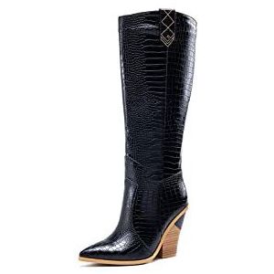 ARIASS Laarzen for dames UK, dij hoge laarzen, puntige teen westerse laarzen cowboylaarzen, slangenpatroon dikke hak hoge laarzen (Color : Black, Size : 42 M EU)