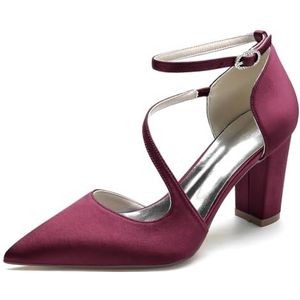 GHSIRUEU Dameshak Pumps Spitse Neus Hakken Bruidsschoenen Voor Bruid Blokhak Met Enkelbandjes Trouwjurk Schoenen,Burgundy,36 EU