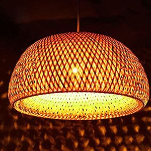 Retro hanglamp bamboe en rotan handgeweven hanglamp ronde houten lampenkap in hoogte verstelbaar E27 hanglamp woonkamer slaapkamer eetkamer keuken decoratieve verlichting plafondlamp, 45 cm