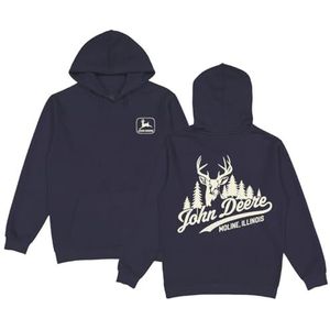 JOHN DEERE Hoodie donkerblauw shirt met lange mouwen pullover met logo & hertenprint voor boeren en outdoorfans, Donkerblauw, L