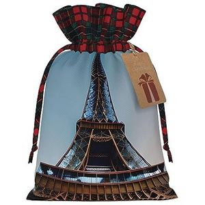 Parijs Eiffeltoren Chique Trekkoord Kerst Gift Tassen, Patchwork Jute Trekkoord Tassen, Herbruikbaar.