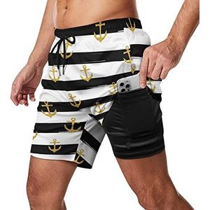 Golded Anchor Glitter Zwart-witte Streep Heren Zwembroek Sneldrogende 2 in 1 Strand Sport Shorts met Compressie Liner En Pocket