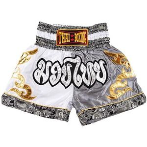 MUAY NATION Muay Thai Shorts voor mannen en vrouwen, slim gesneden MMA Boksshorts Training Kickboksen Kleding Vechtsporten Trunks, Wit/Grijs, M